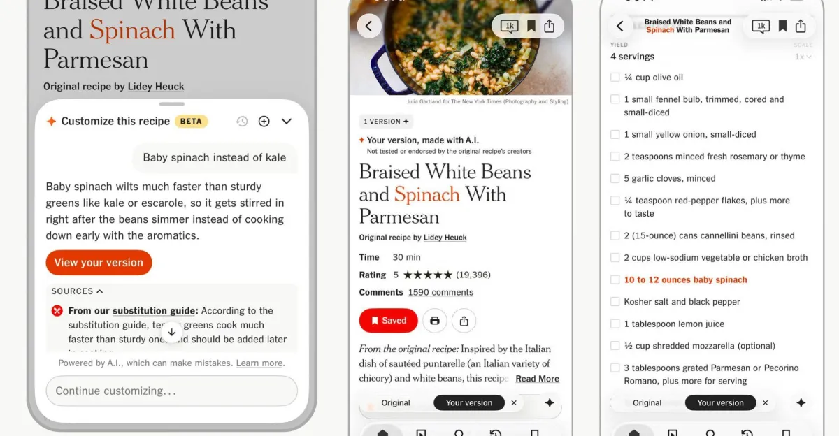 The New York Times thử AI sửa công thức trong app Cooking