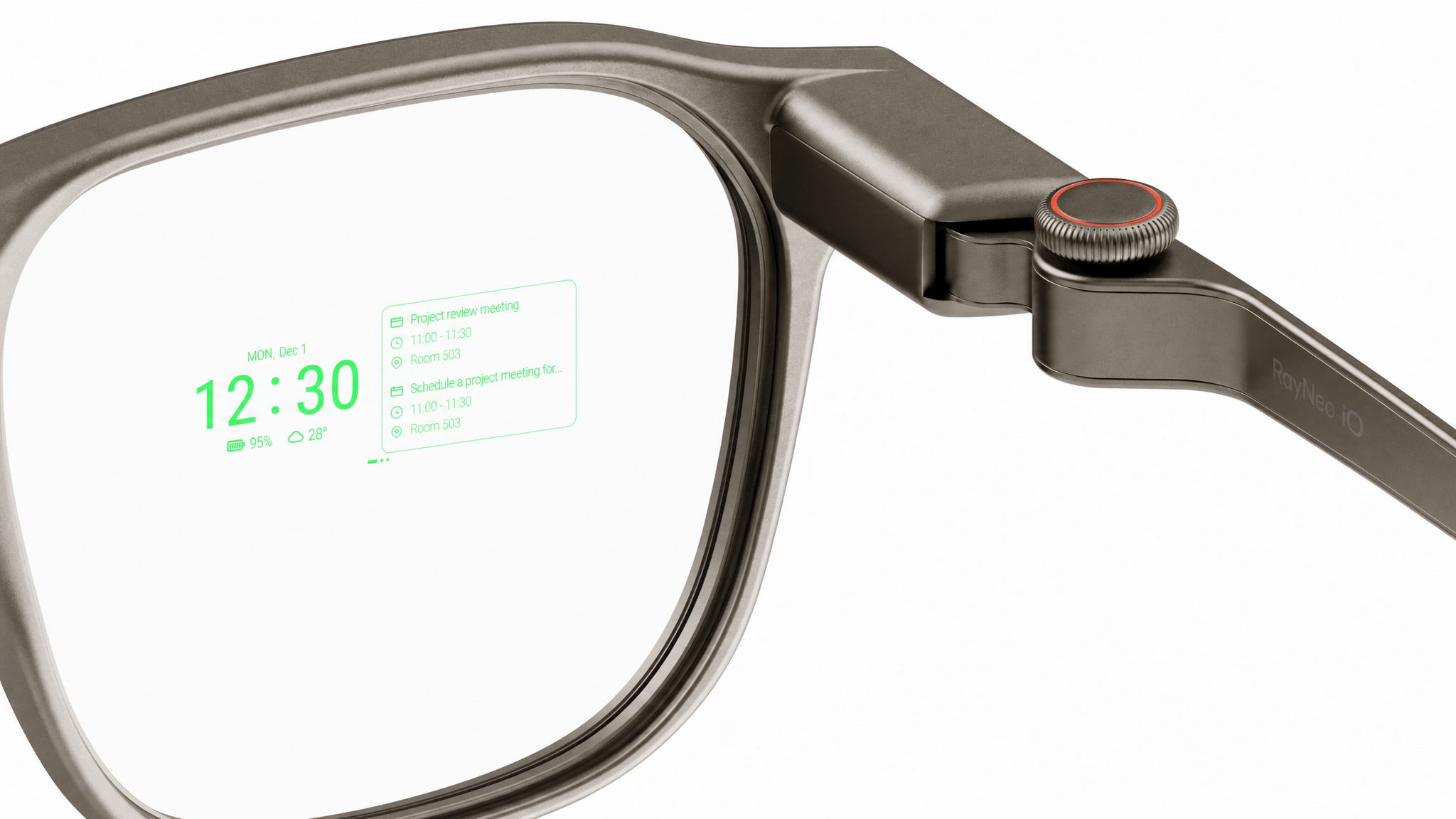Kính RayNeo iO không có camera, hiển thị chữ trực tiếp lên tầm nhìn
