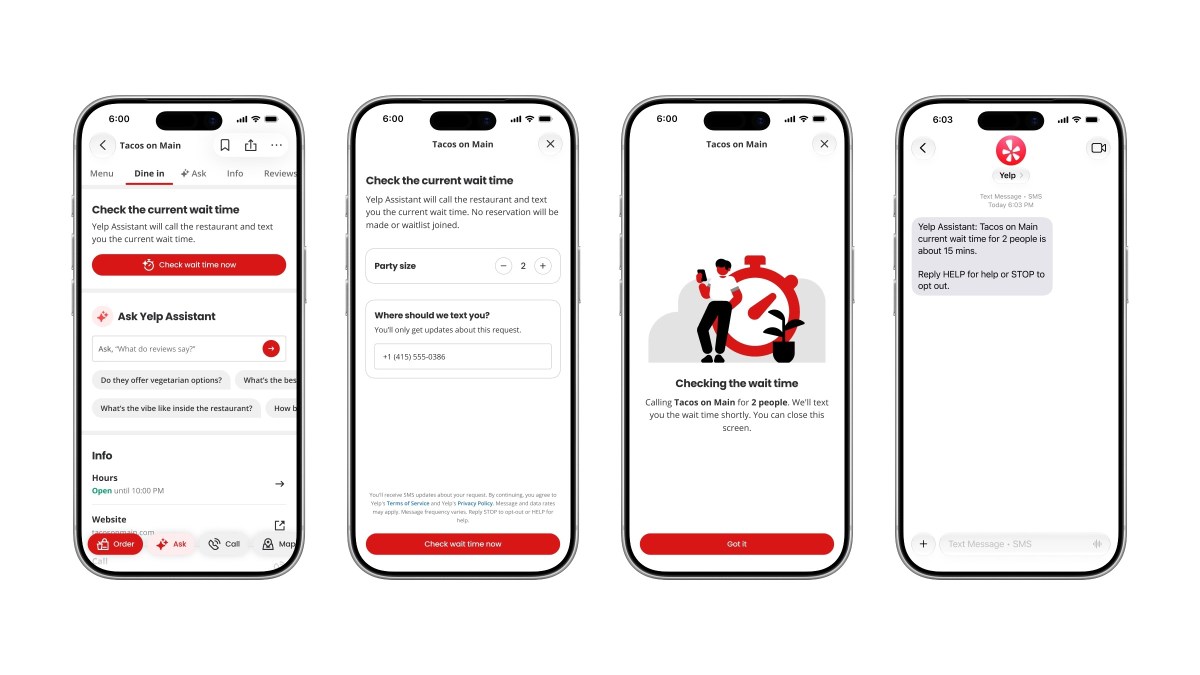 Yelp thêm agent gọi nhà hàng kiểm tra thời gian chờ